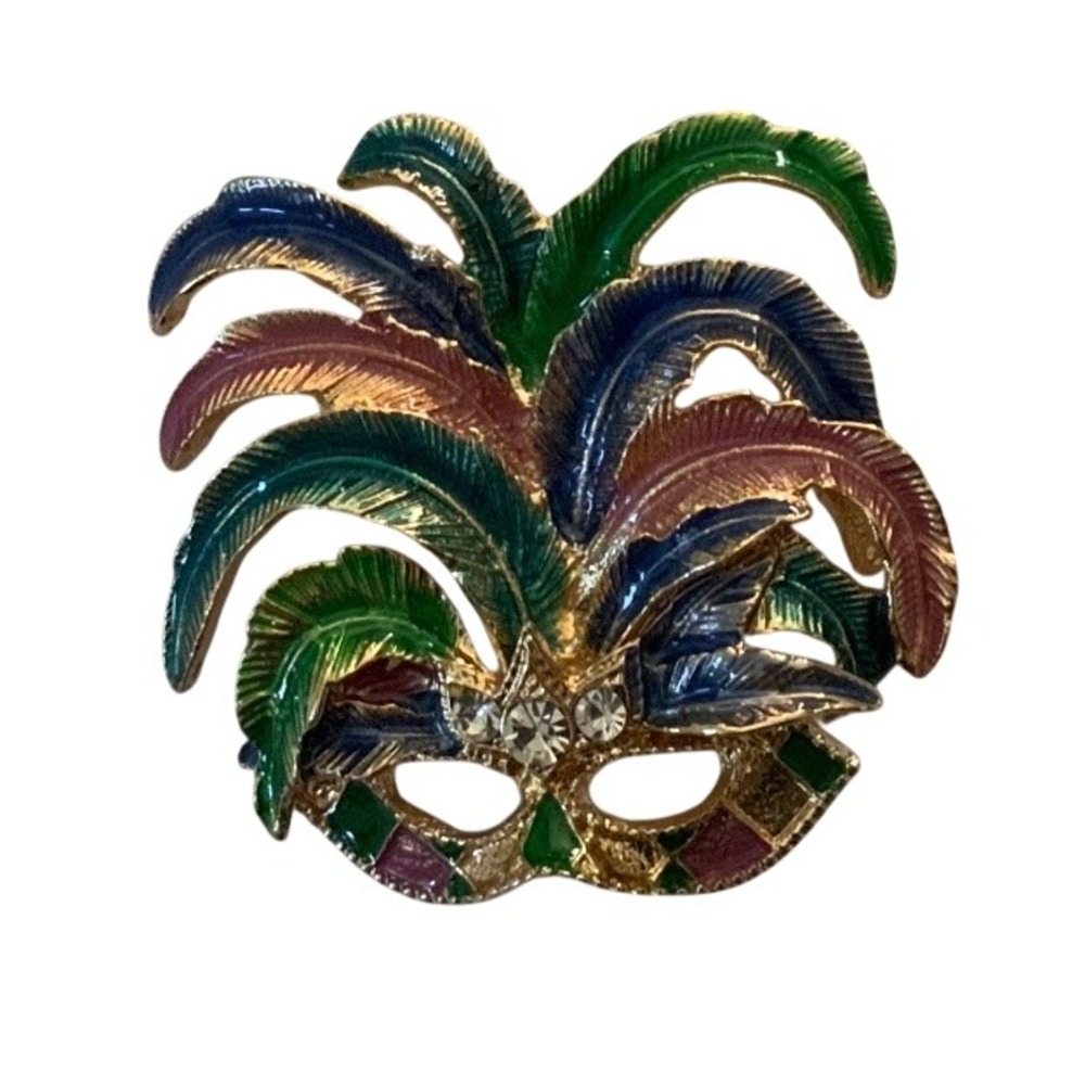 Mardi Gras Masquerade Mask Brooch Enamel Feather Rhinestone Gold Tone Pin